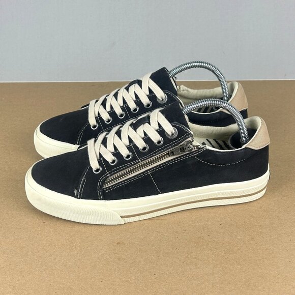 Taos Turbo Canvas Side Zip Sneakers Womens 7.5 Black Beige Low Top Lace Up - Picture 1 of 10